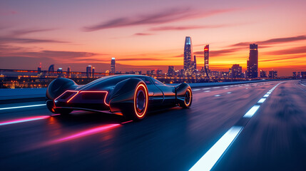  Futuristic Concept Car Driving Against City Sunset