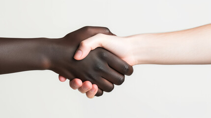 Dark-skinned hand shakes hands with a white-skinned man on a white background. Representing the equality and friendship of nations