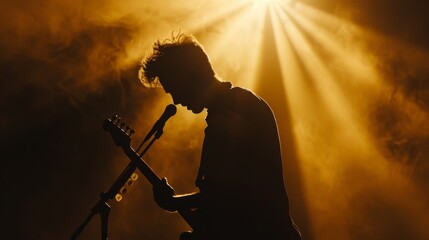 A talented musician serenades the crowd with his guitar under the warm sun, as the vibrant backlighting adds to the electrifying atmosphere of the outdoor rock concert