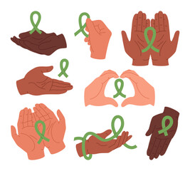 Group of diverse human arms holding awareness green ribbons. Public awareness about borreliosis, kidney cancer, cerebral palsy, mental health problems, mitochondrial diseases. Vector flat set.