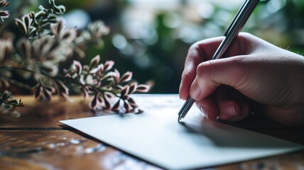 Hand writing a note beside a potted plant on a wooden table