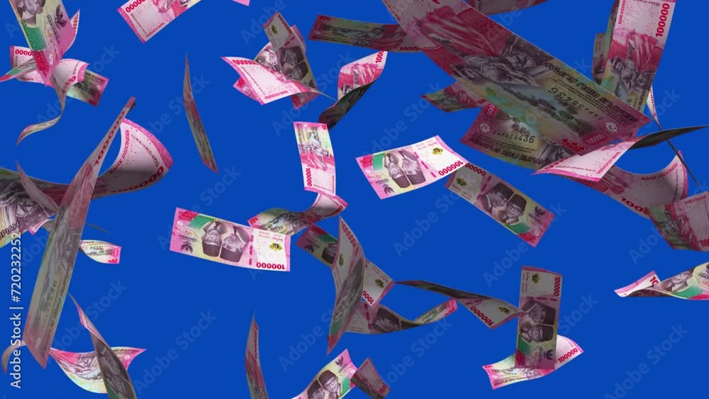 Poster 3D animation of Indonesian rupiah rand notes Falling On blue screen. Remove the background by keying or subtracting with the black and white matte to replace with a custom one
