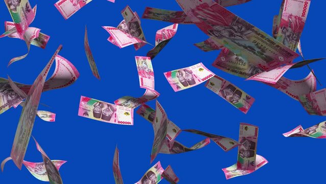 3D animation of Indonesian rupiah rand notes Falling On blue screen. Remove the background by keying or subtracting with the black and white matte to replace with a custom one
