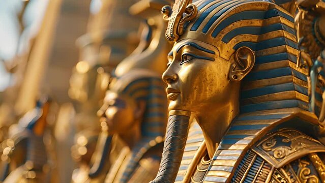An Egyptian pharaoh stands proudly in a golden chariot, adorned in ornate battle regalia.