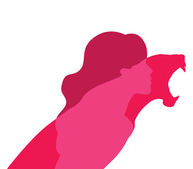 Women's Day. Elegant front view of woman. Flat illustration of a girl. The fight for women's rights and freedom. Lioness girl. An image of inner strength. Abstract silhouettes. Modern vector 