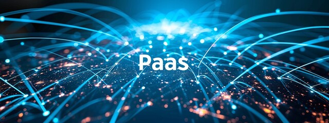 Digital network visualization with 'PaaS' acronym centrally highlighted, symbolizing connectivity - obrazy, fototapety, plakaty