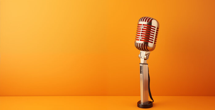 Microphone Stand in Stand-up Comedy Club with Comedian. Banner with place for text