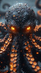 Kraken on the bottom of the night ocean with yellow glowing eyes