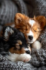 Adorable puppies sleeping peacefully together on a soft blanket. perfect moment of canine friendship captured. serene pet nap time. AI