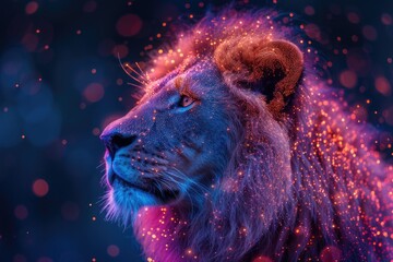 Naklejka premium A lion surrounded by the vibrant and glowing polymer dots