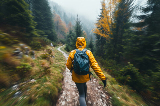 A lone figure treks through the rugged terrain of an autumn forest, their sturdy jacket shielding them from the crisp mountain air as they immerse themselves in the beauty of nature