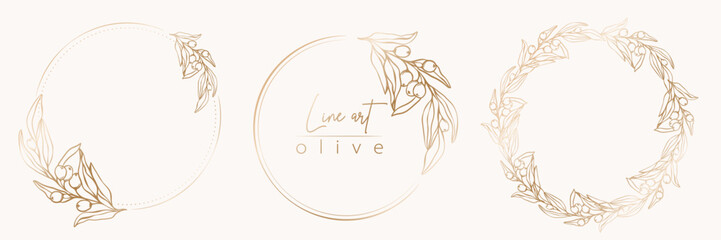 Botanical line illustration set of olive leaves, branch wreath for wedding invitation and cards, logo design, web, social media and posters template. Elegant minimal style floral vector isolated.