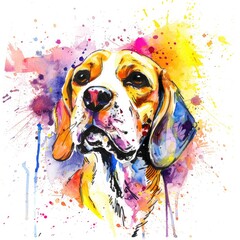 sketchy hand painted colorful dog, watercolor splash on a white background