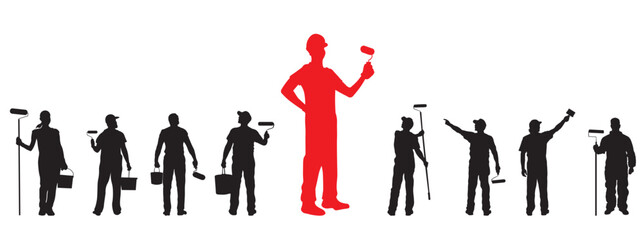 Silhouettes of painter in different positions at work. Vector illustration on transparent background