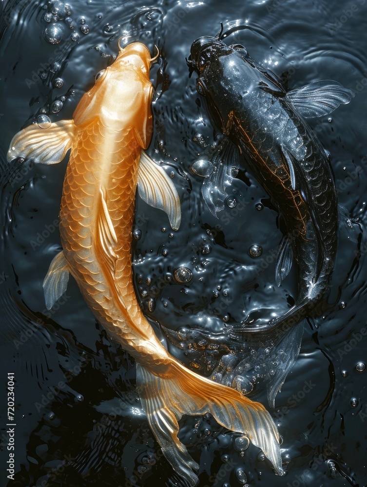Wall mural Surreal, two fish made of foil on the sparkling black background - Wall murals