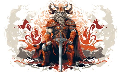 a Viking warrior with elements of ancient Slavic ornament and runes, full length, vector, limited number of colors, very simple, high quality, white background. Generative Ai