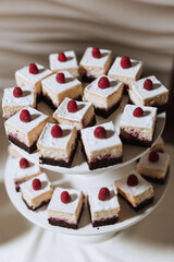 Candy bar at a wedding. Delicious desserts. Beautiful decorations. Fruits. Sweet cakes on your holiday. Birthday. Sweet life.
