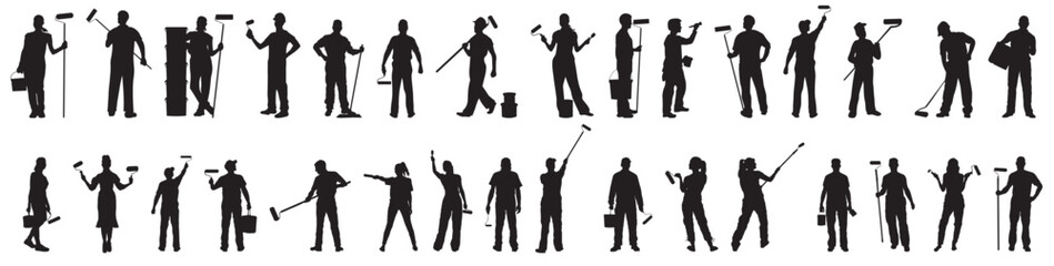 Painter silhouette. Collection of painter on transparent background. 