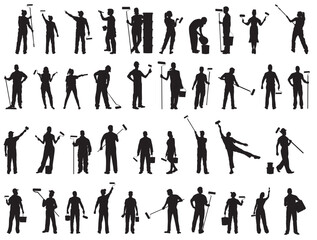 Silhouettes of painter in different positions at work. Vector illustration on transparent background