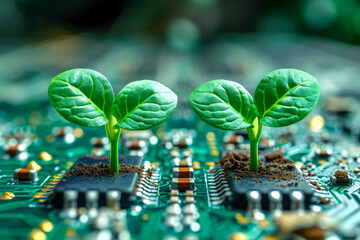 Seedlings growing from computer chips concept illustration.  - obrazy, fototapety, plakaty