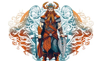 Fototapeta na wymiar a Viking warrior with elements of ancient Slavic ornament and runes, full length, vector, limited number of colors, very simple, high quality, white background. Generative Ai