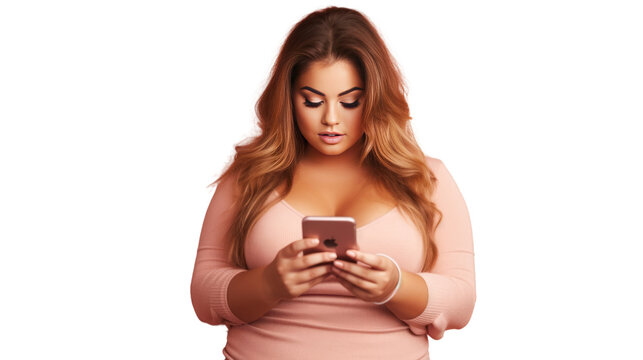 beautiful young pretty fitness woman chubby using mobile phone,isolated on transparent and white background.PNG image.