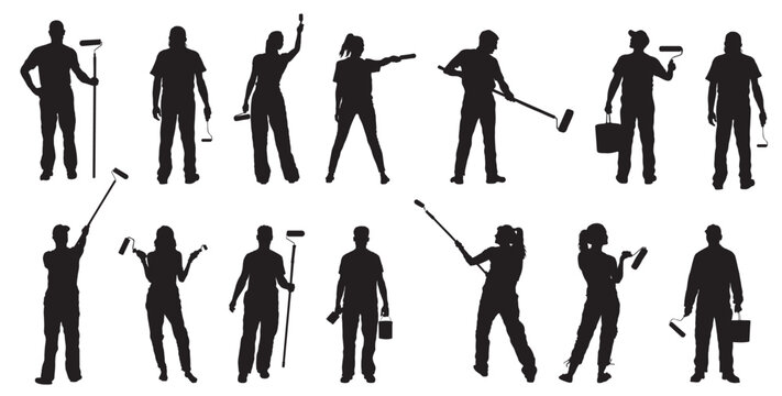 House painter silhouette. Group of house painter with their painting tools and paint. 