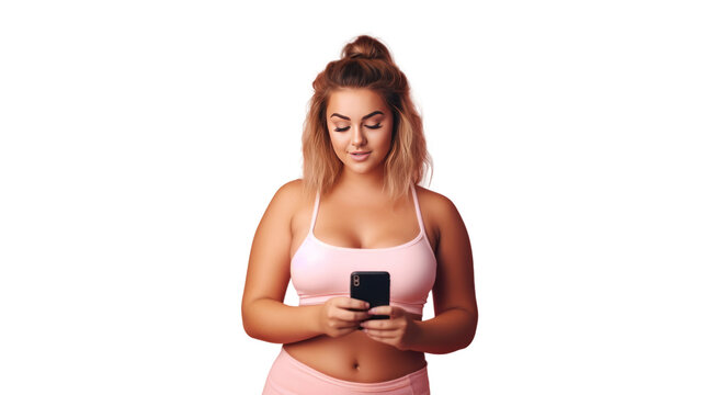 beautiful young pretty fitness woman chubby using mobile phone,isolated on transparent and white background.PNG image.
