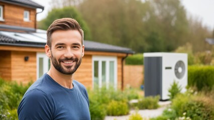 happy home owner, modern single detached eco house with heat pump in background, morning, blurred background, bokeh, germany, austria, netherlands, belgium, france, italy, spain.