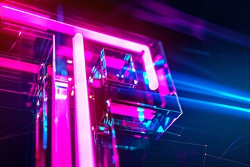 A mesmerizing neon light display of vibrant magenta, purple, and violet hues illuminates the night sky, casting a laser-like glow on the glass sign in the dimly lit indoor space