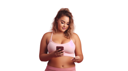 beautiful young pretty fitness woman chubby using mobile phone,isolated on transparent and white background.PNG image.