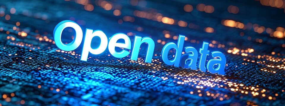"Open data" glowing over a binary code pattern