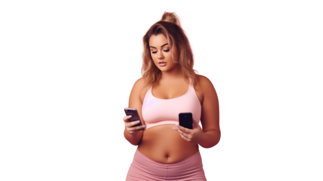 beautiful young pretty fitness woman chubby using mobile phone,isolated on transparent and white background.PNG image.