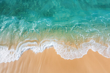 Fototapeta na wymiar Overhead Shot of Gentle Sea Waves Lapping on Golden Sands, Serene Ocean Meets Beach
