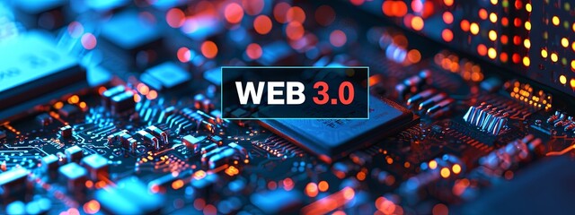 "WEB 3.0" text over circuit board server racks background