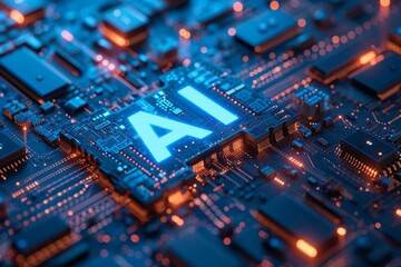 The acronym 'AI' on a futuristic blue circuit board background
