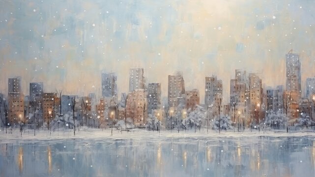 冬の街並みの油絵抽象画_2