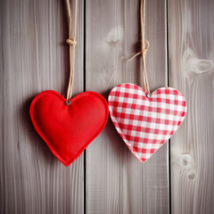 Two red fabric hearts on a string with weathered wood in the background