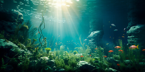 Fototapeta na wymiar The sun's rays make their way to the seabed. Photorealistic image of the underwater world