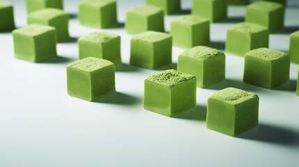 This image features an artistic arrangement of matcha green cubes on a clean, white background, creating an interesting pattern with a sense of depth and uniformity.