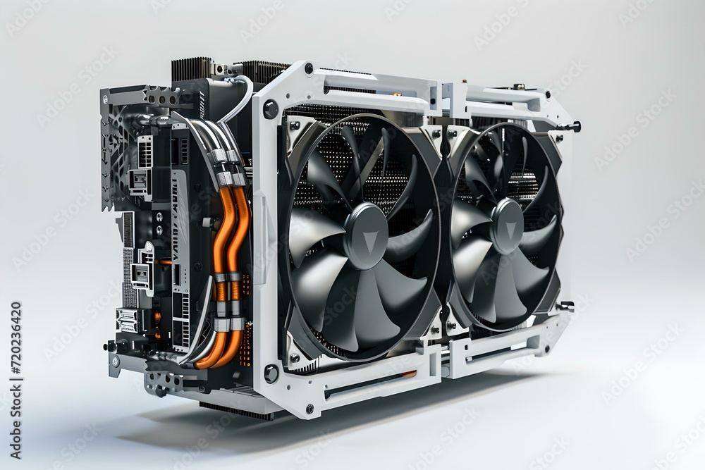 Poster modern gpu cooling system isolated on white. concept of computer hardware. high-performance and tech