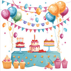 Birthday party decorations isolated on white background, png
