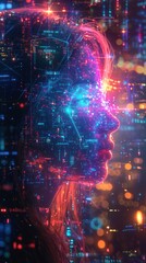 Obraz premium A digital representation of a human profile with vibrant cybernetic patterns