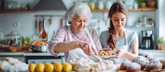 Banner or poster for grandma and her granddaughter cooking lemon cookies in light white contemporary minimalistic kitchen smiling