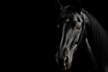Black horse portrait on black background freisian breed.