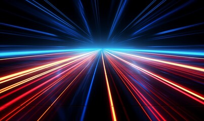 Abstract background of dynamic neon lines glowing in the dark, floor reflection. Generative Ai