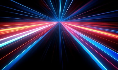 Abstract background of dynamic neon lines glowing in the dark, floor reflection. Generative Ai