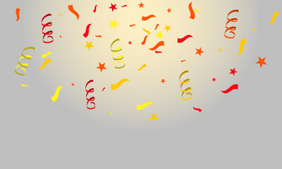 Confetti and serpentine on a gray background. Confetti of different shapes and colors. The background is gray and the sun is shining above. Vector illustration EPS10.