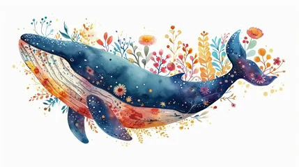 Muurstickers Cute whale watercolor illustration. Watercolor painting of whale with isolated background. Clip art composition of humpback whale with flowers. © nataliia_ptashka