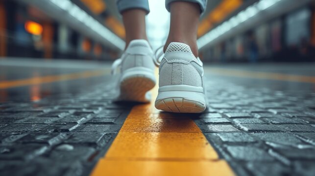 Abstract image featuring legs in sneakers. Realistic illustration. On the road.